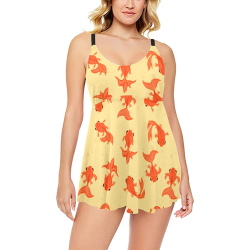 Goldfish Pattern Print Design 02 Chest Sexy Pleated Two Piece Swim Dress