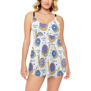 Snail Pattern Print Design 05 Chest Sexy Pleated Two Piece Swim Dress