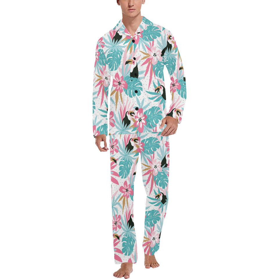 Toucan tropical flower leave pattern Men's Long Pajama Set