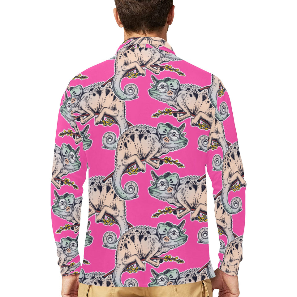 Chameleon lizard pattern pink background Men's Long Sleeve Polo Shirt