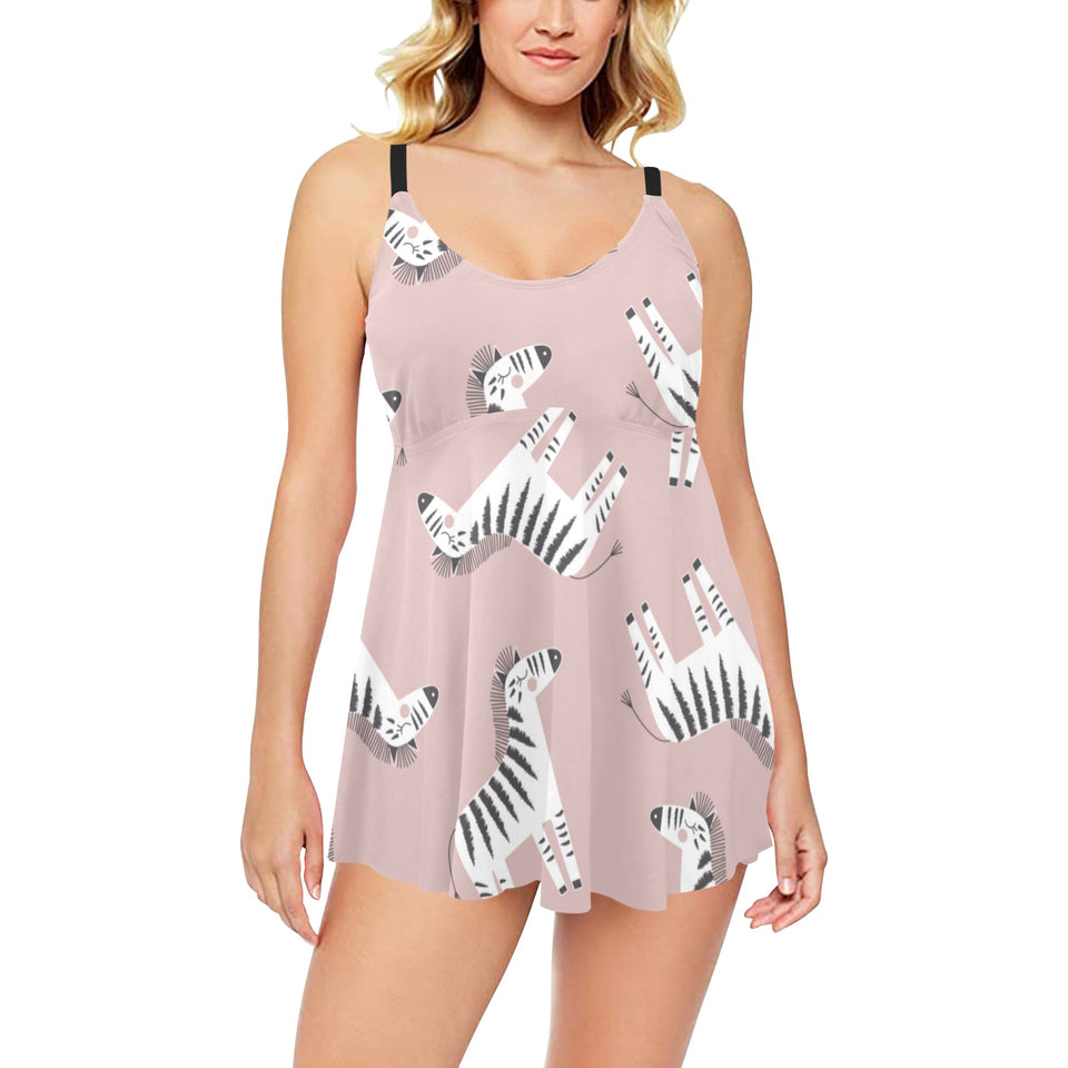 Cute zebra pattern Chest Sexy Pleated Two Piece Swim Dress