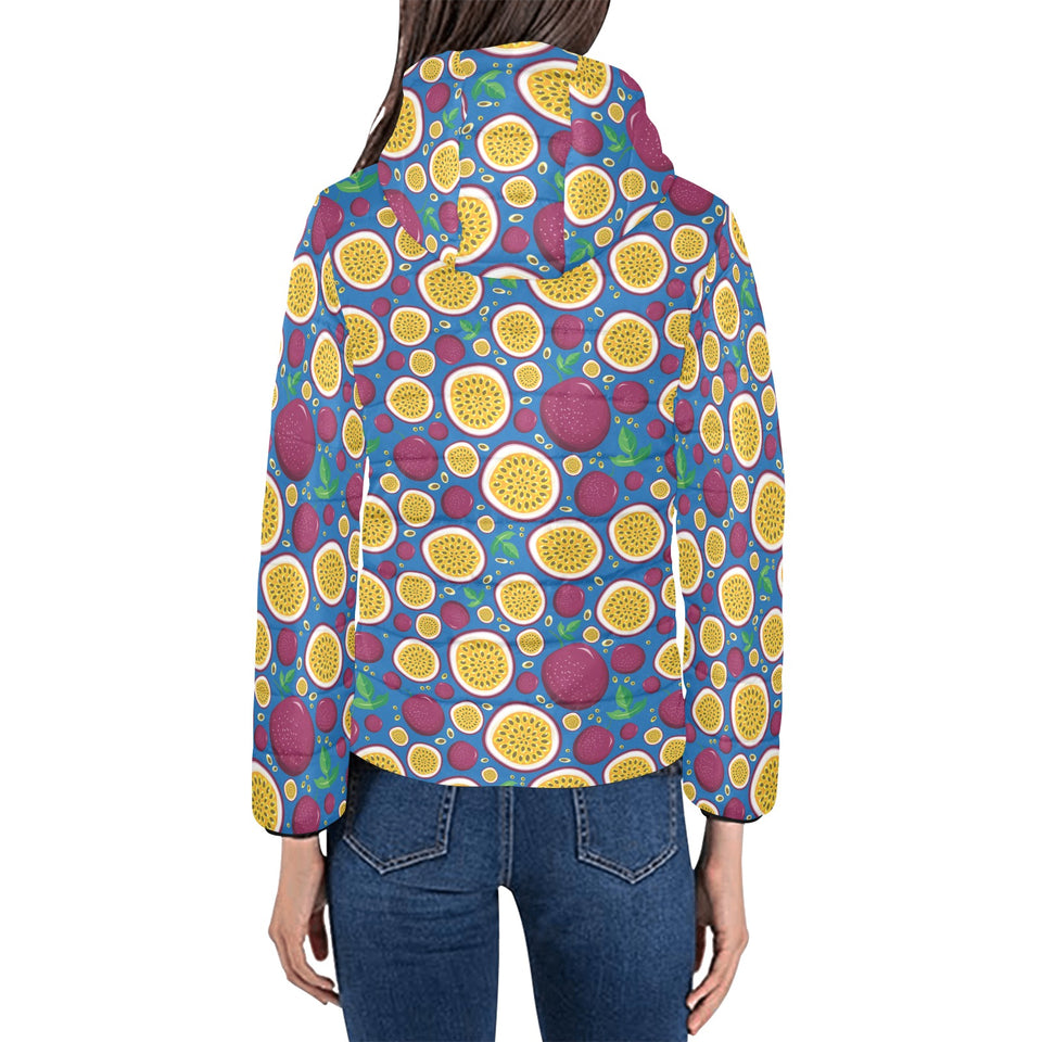 Passion fruit blue background Women's Padded Hooded Jacket