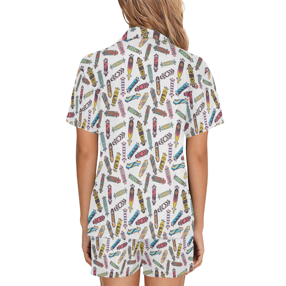 Skate Board Pattern Print Design 05 Women's V-Neck Short Pajama Set