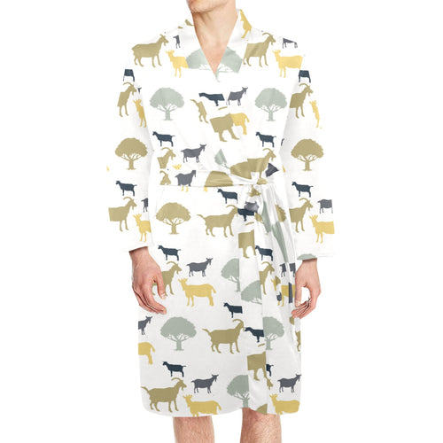 Silhouettes of goat and tree pattern Men's Long Sleeve Belted Night Robe