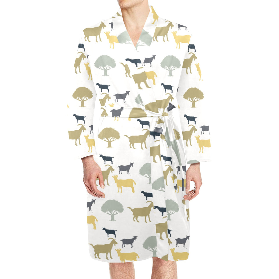 Silhouettes of goat and tree pattern Men's Long Sleeve Belted Night Robe