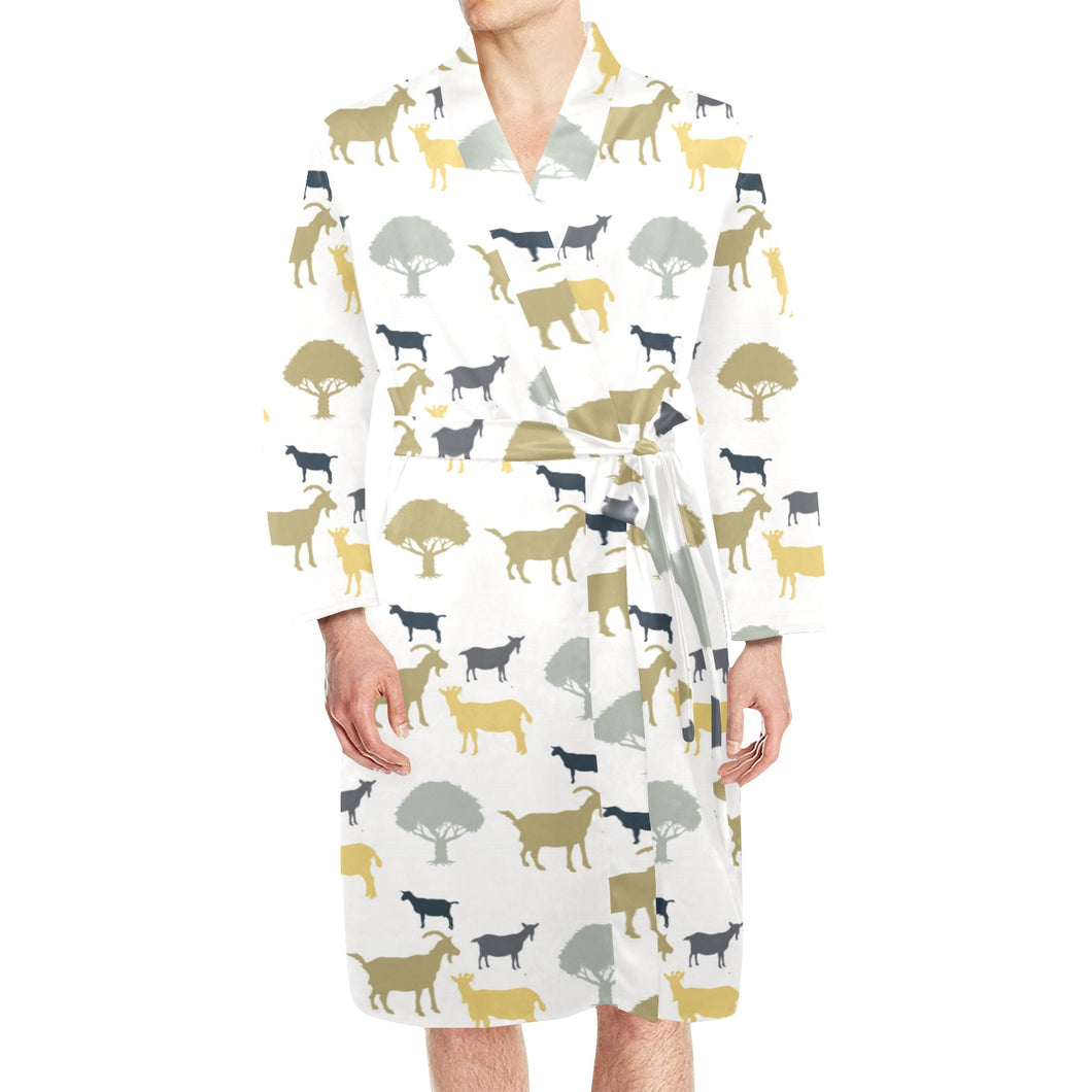 Silhouettes of goat and tree pattern Men's Long Sleeve Belted Night Robe