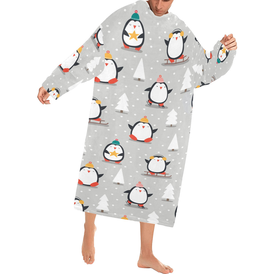 Cute Penguin christmas pattern Blanket Robe with Sleeves