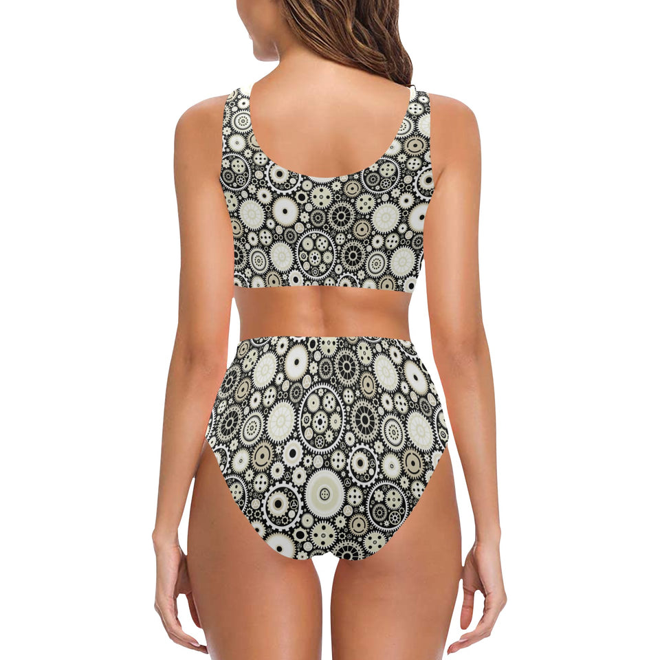 Gear Pattern Print Design 02 Chest Bowknot High Waisted Bikini Swimsuit