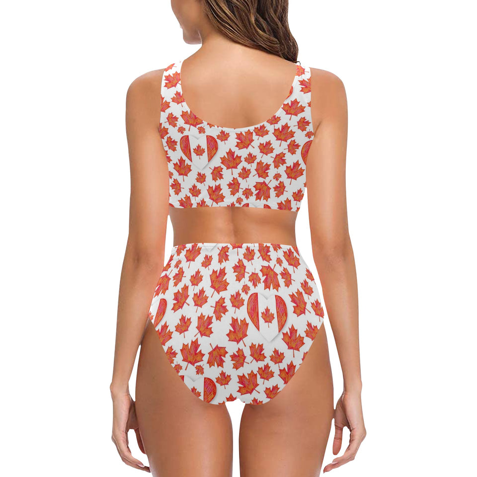 Canada Pattern Print Design 02 Chest Bowknot High Waisted Bikini Swimsuit