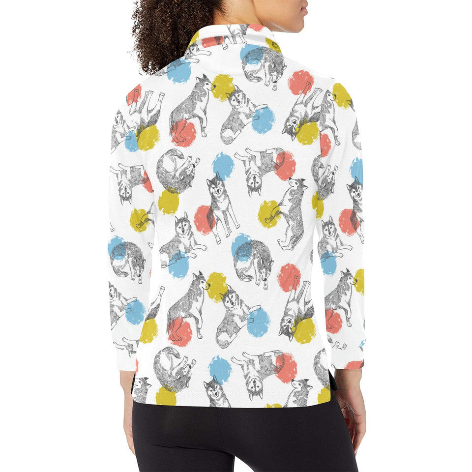 Siberian husky and colorful circle pattern Women's Long Sleeve Polo Shirt
