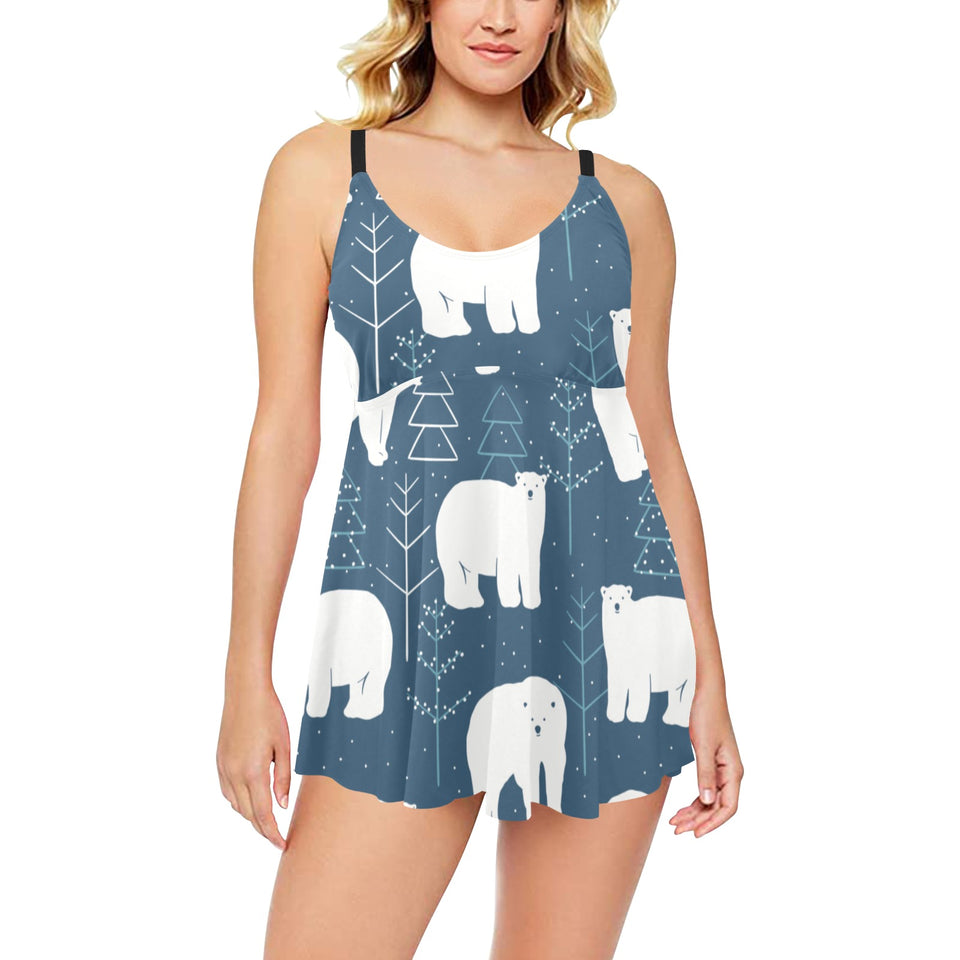 polar bear mother her child pattern Chest Sexy Pleated Two Piece Swim Dress