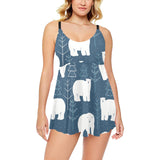 polar bear mother her child pattern Chest Sexy Pleated Two Piece Swim Dress