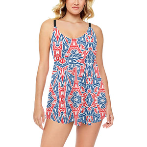 Blue Red Eiffel Tower Pattern Print Design 02 Chest Sexy Pleated Two Piece Swim Dress
