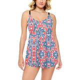 Blue Red Eiffel Tower Pattern Print Design 02 Chest Sexy Pleated Two Piece Swim Dress