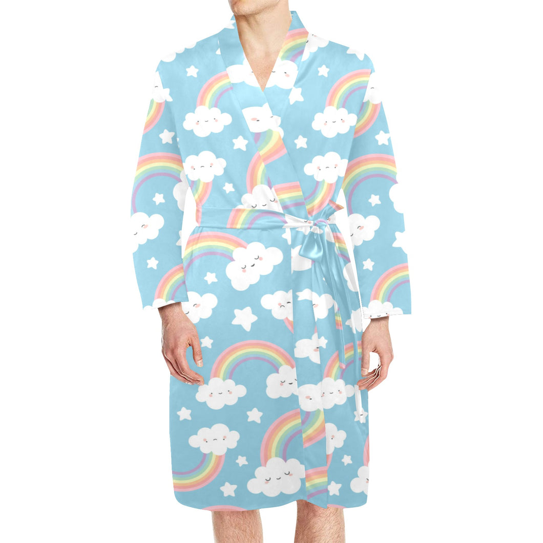 Cute rainbow clound star pattern blue background Men's Long Sleeve Belted Night Robe