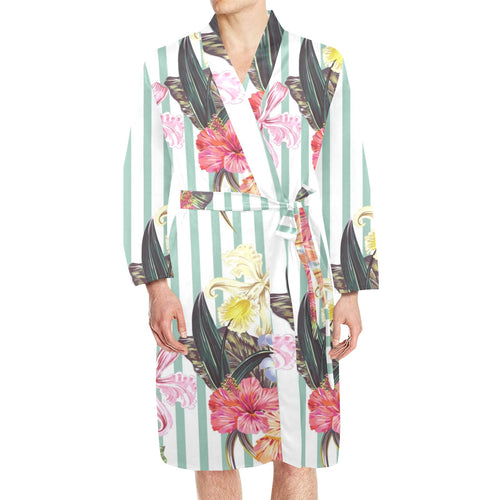 Colorful orchid flower pattern Men's Long Sleeve Belted Night Robe