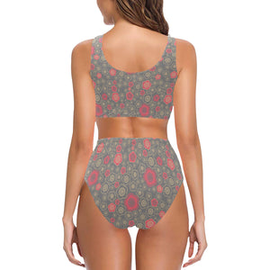 Red gold Sakura cherry blossom gray background Chest Bowknot High Waisted Bikini Swimsuit