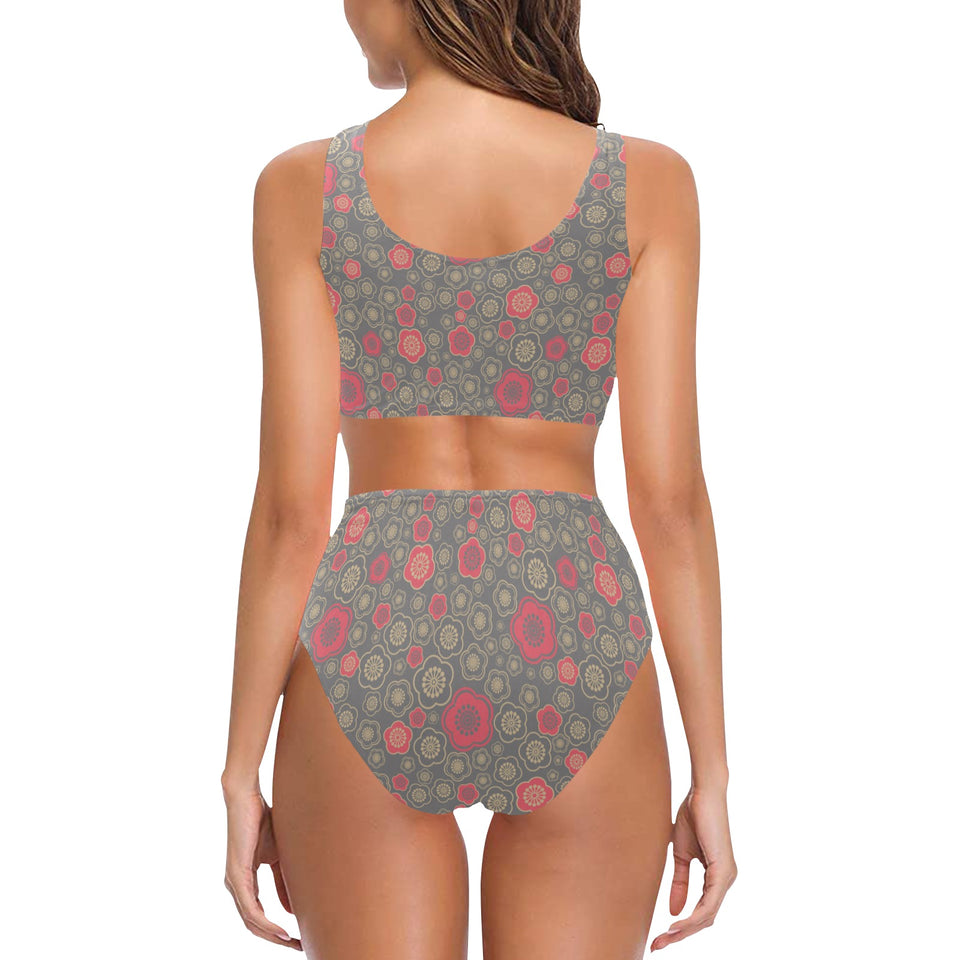 Red gold Sakura cherry blossom gray background Chest Bowknot High Waisted Bikini Swimsuit