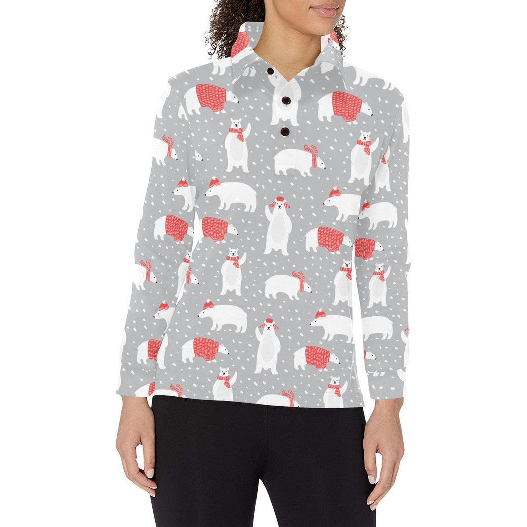 Cute polar bear christmas snow pattern Women's Long Sleeve Polo Shirt