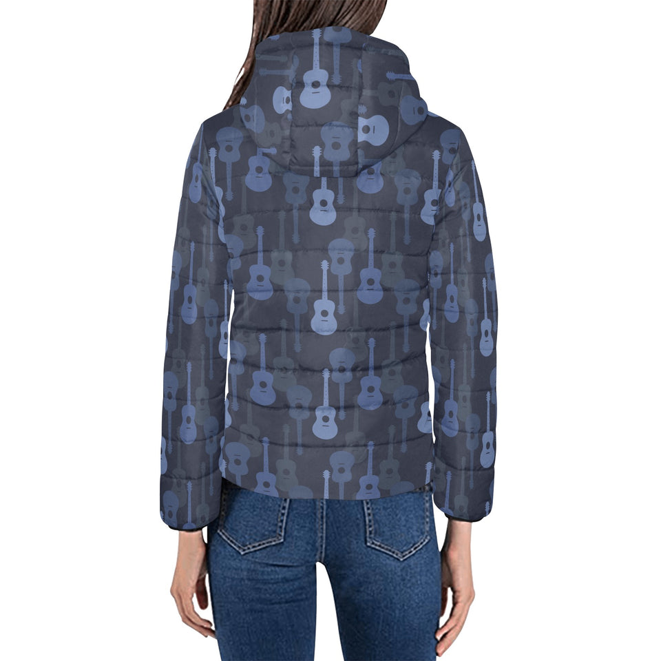 Blue Theme guitar pattern Women's Padded Hooded Jacket