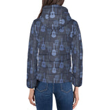 Blue Theme guitar pattern Women's Padded Hooded Jacket