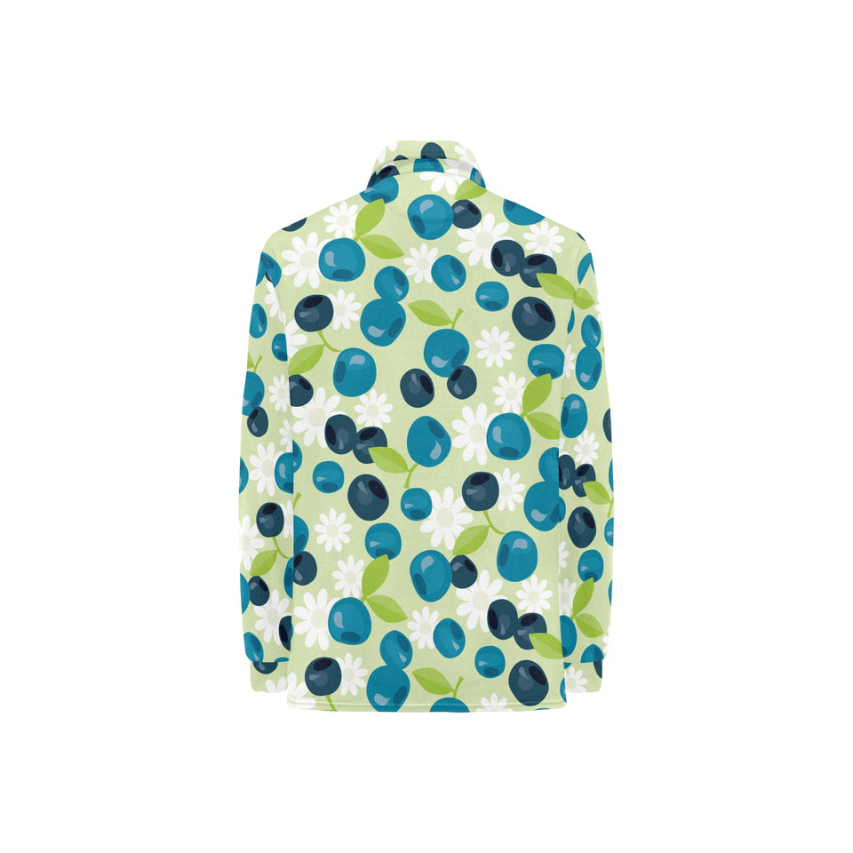 blueberry flower pattern Women's Long Sleeve Polo Shirt