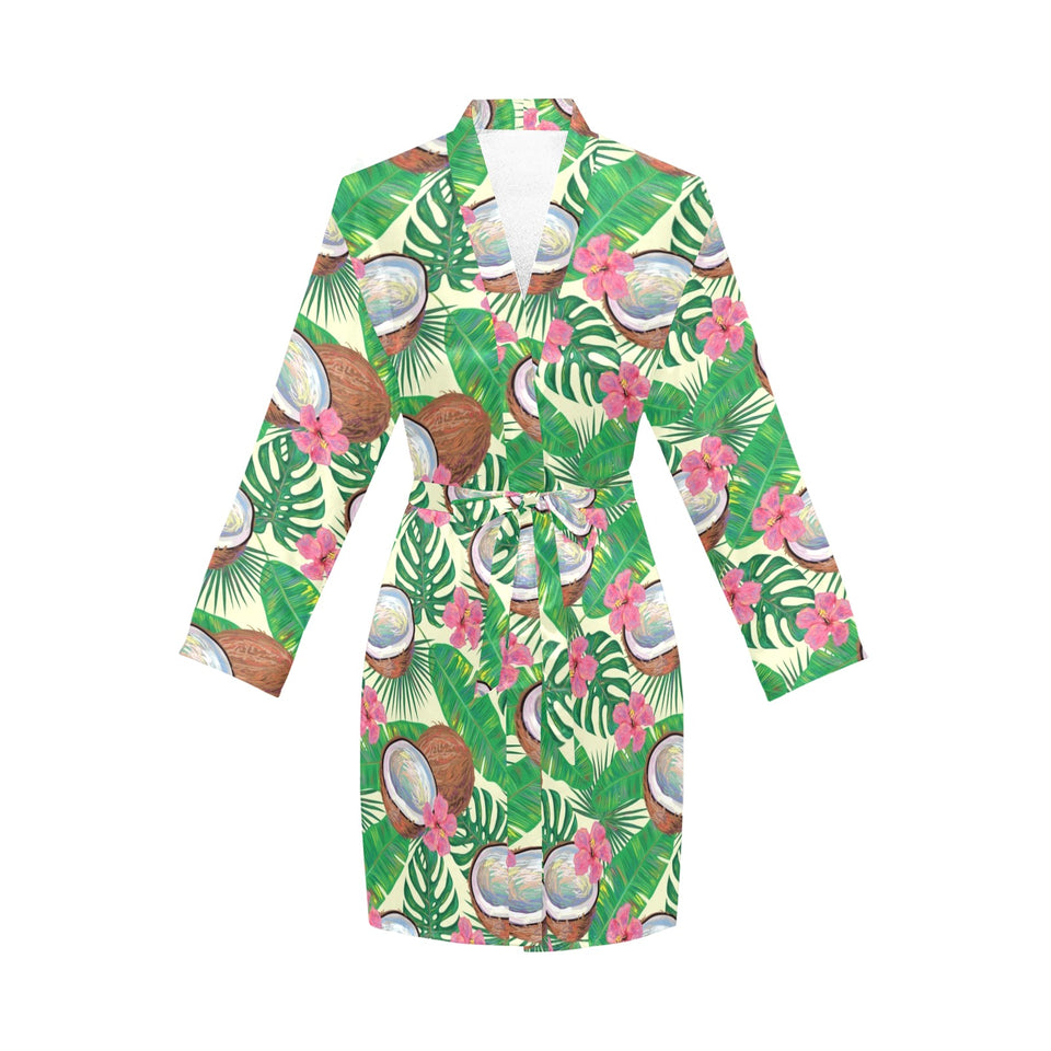 Coconut Pattern Print Design 01 Women's Long Sleeve Belted Night Robe