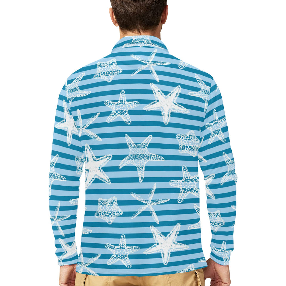 Starfish blue blackground Men's Long Sleeve Polo Shirt