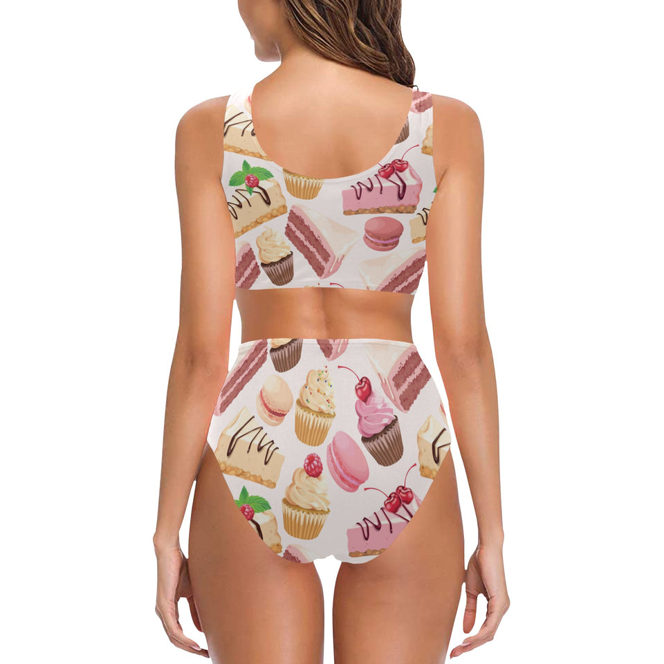 Cake cupcake sweets pattern Chest Bowknot High Waisted Bikini Swimsuit