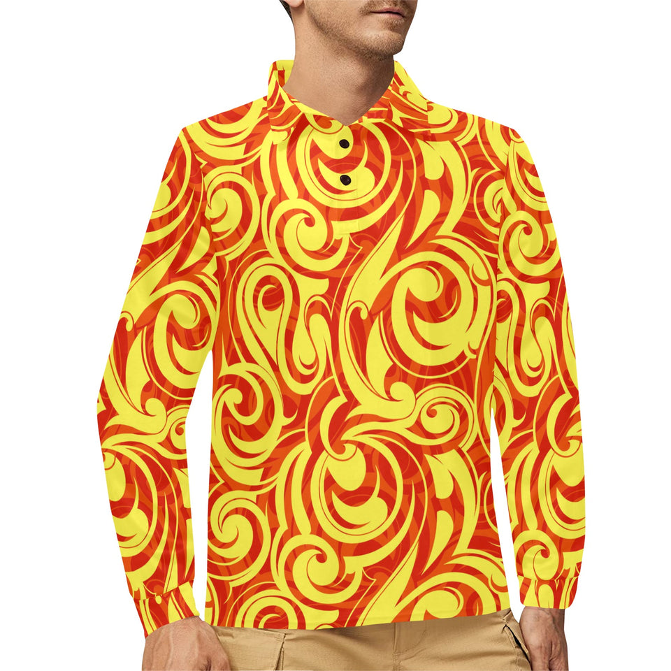 Fire flame design pattern Men's Long Sleeve Polo Shirt