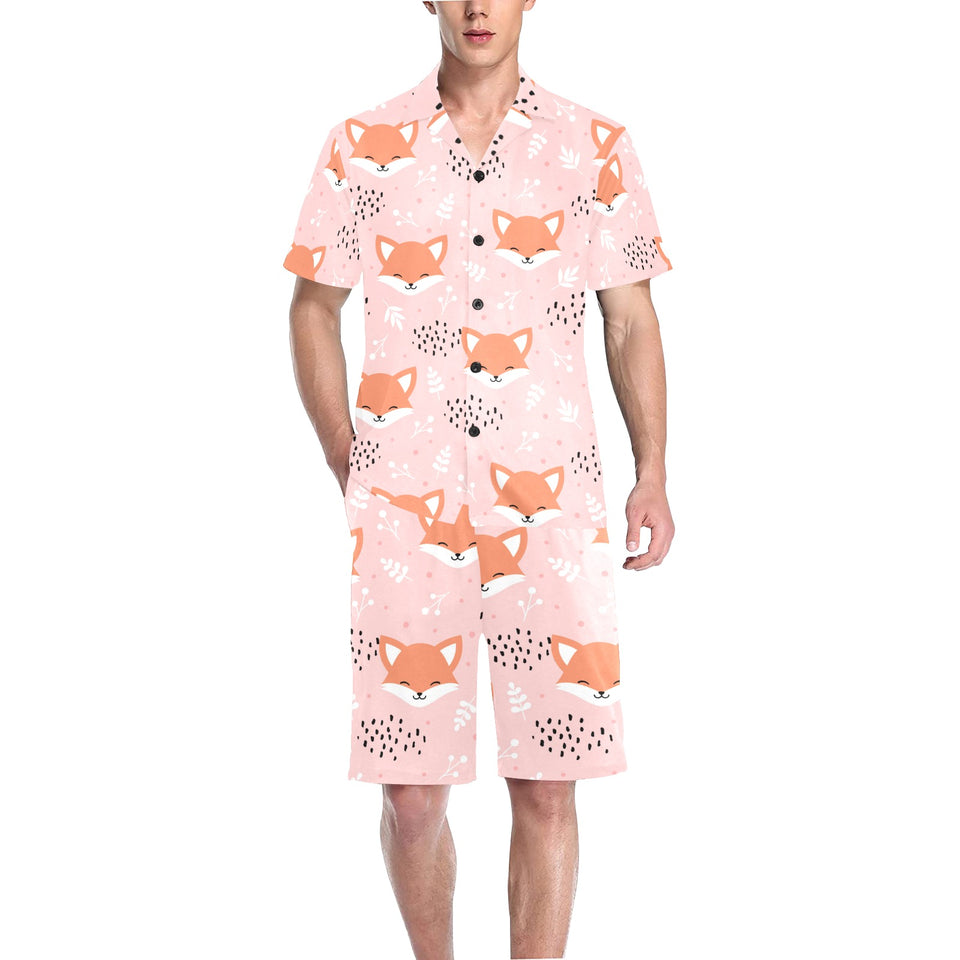 Cute fox pattern pink background Men's V-Neck Short Pajama Set