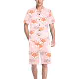 Cute fox pattern pink background Men's V-Neck Short Pajama Set