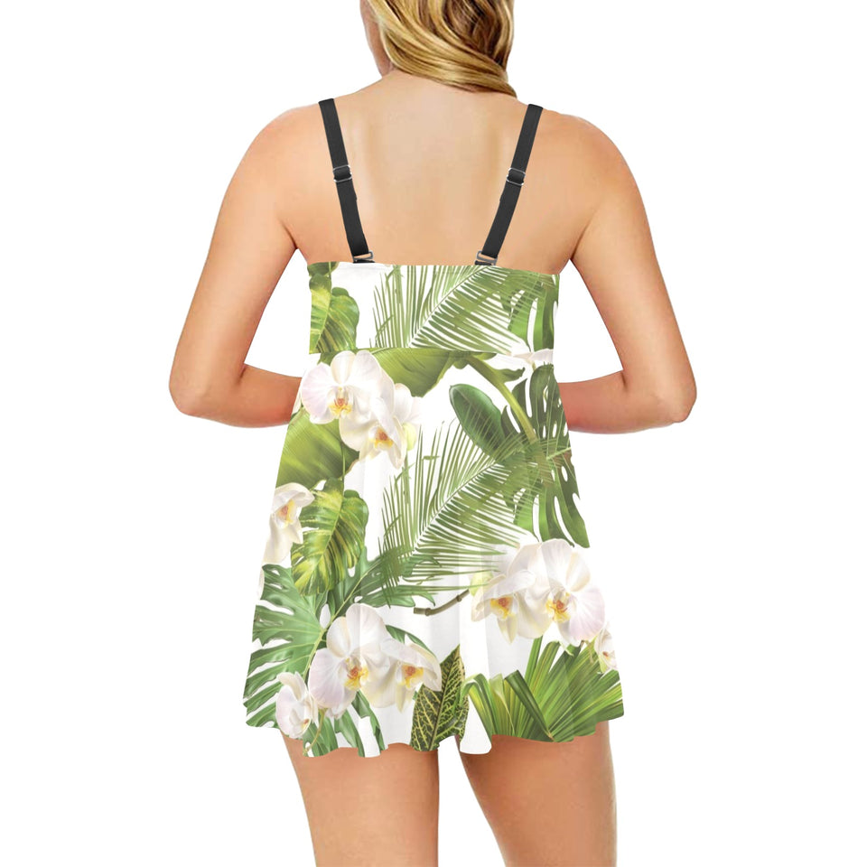 White orchid flower tropical leaves pattern Chest Sexy Pleated Two Piece Swim Dress