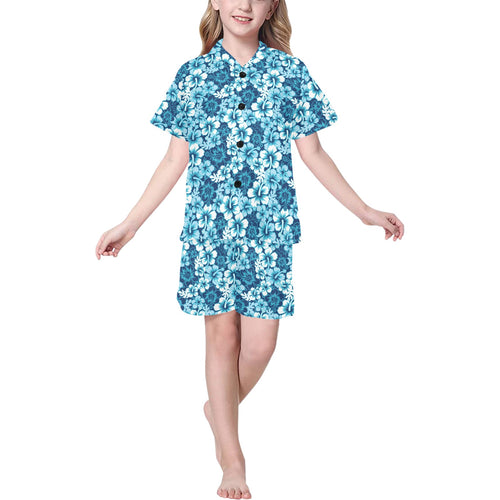 Hibiscus Pattern Print Design 03 Kids' Boys' Girls' V-Neck Short Pajama Set