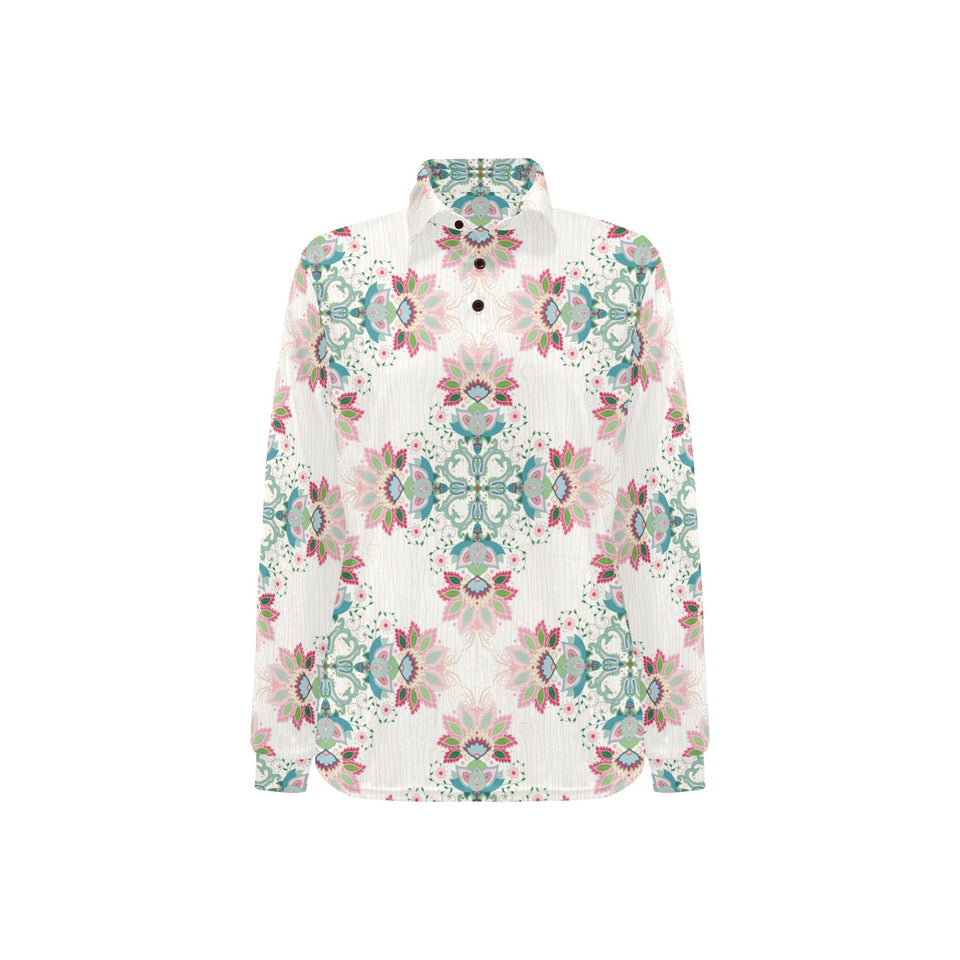 Square floral indian flower pattern Women's Long Sleeve Polo Shirt