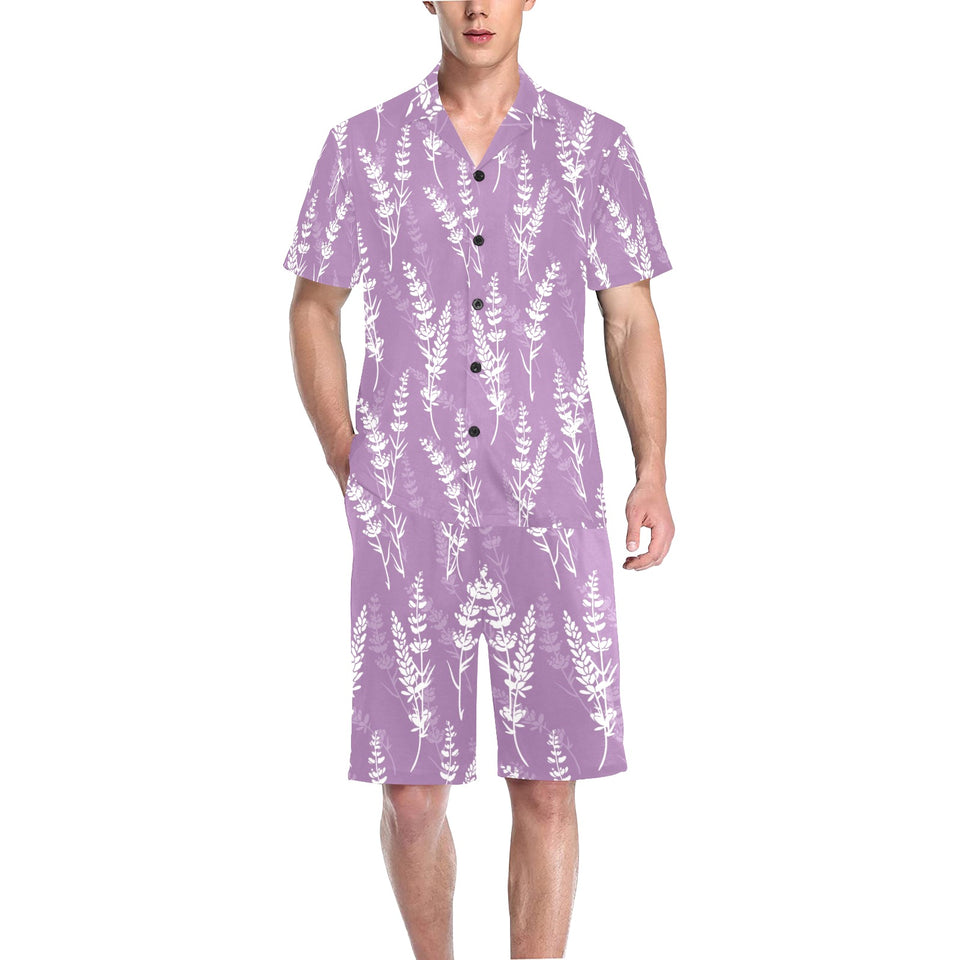 Lavender flowers purple pattern Men's V-Neck Short Pajama Set