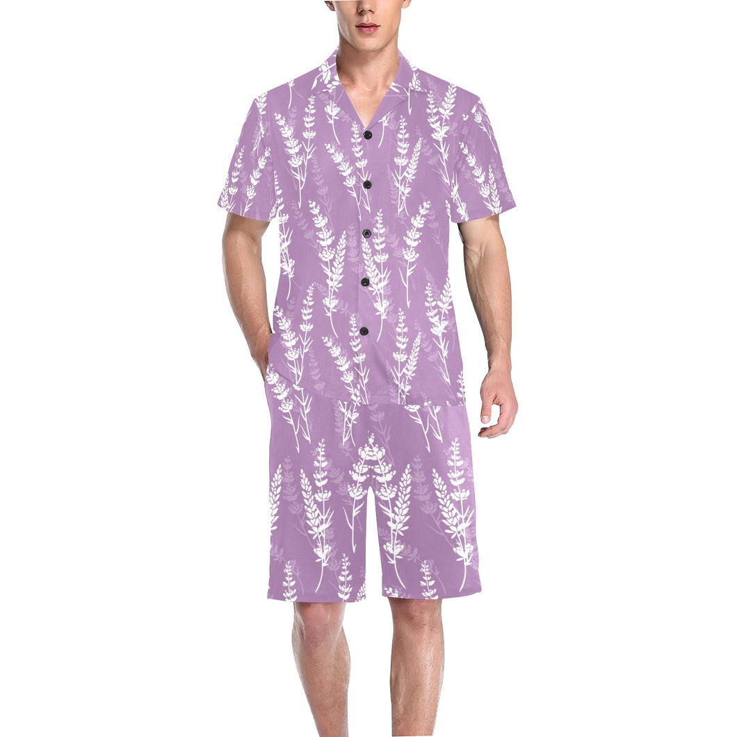 Lavender flowers purple pattern Men's V-Neck Short Pajama Set
