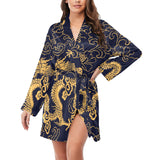 Gold dragon pattern Women's Long Sleeve Belted Night Robe