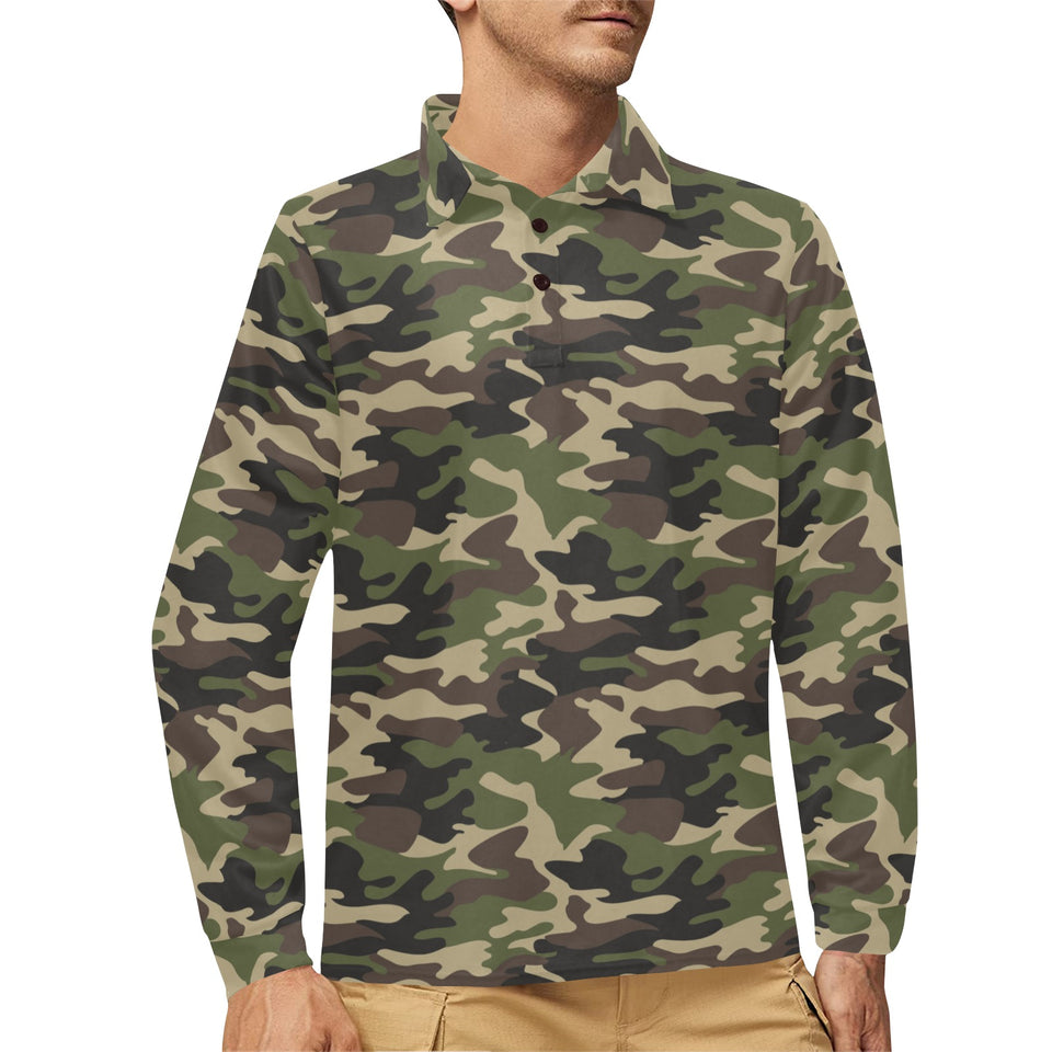 Dark Green camouflage pattern Men's Long Sleeve Polo Shirt