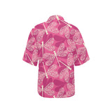 Beautiful dragonfly pink background Women's All Over Print Hawaiian Shirt