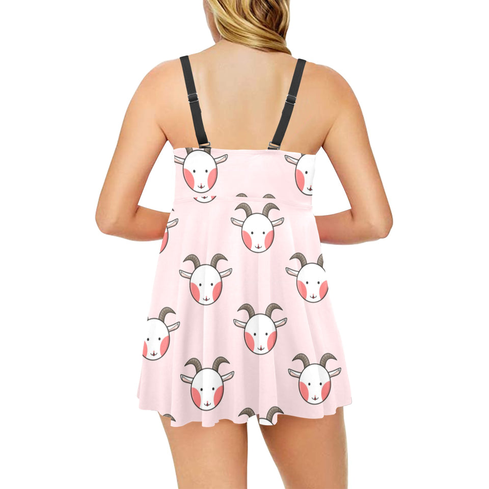 Cute goat pattern Chest Sexy Pleated Two Piece Swim Dress