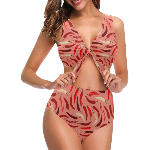 Beautiful Chili peppers pattern Chest Bowknot High Waisted Bikini Swimsuit