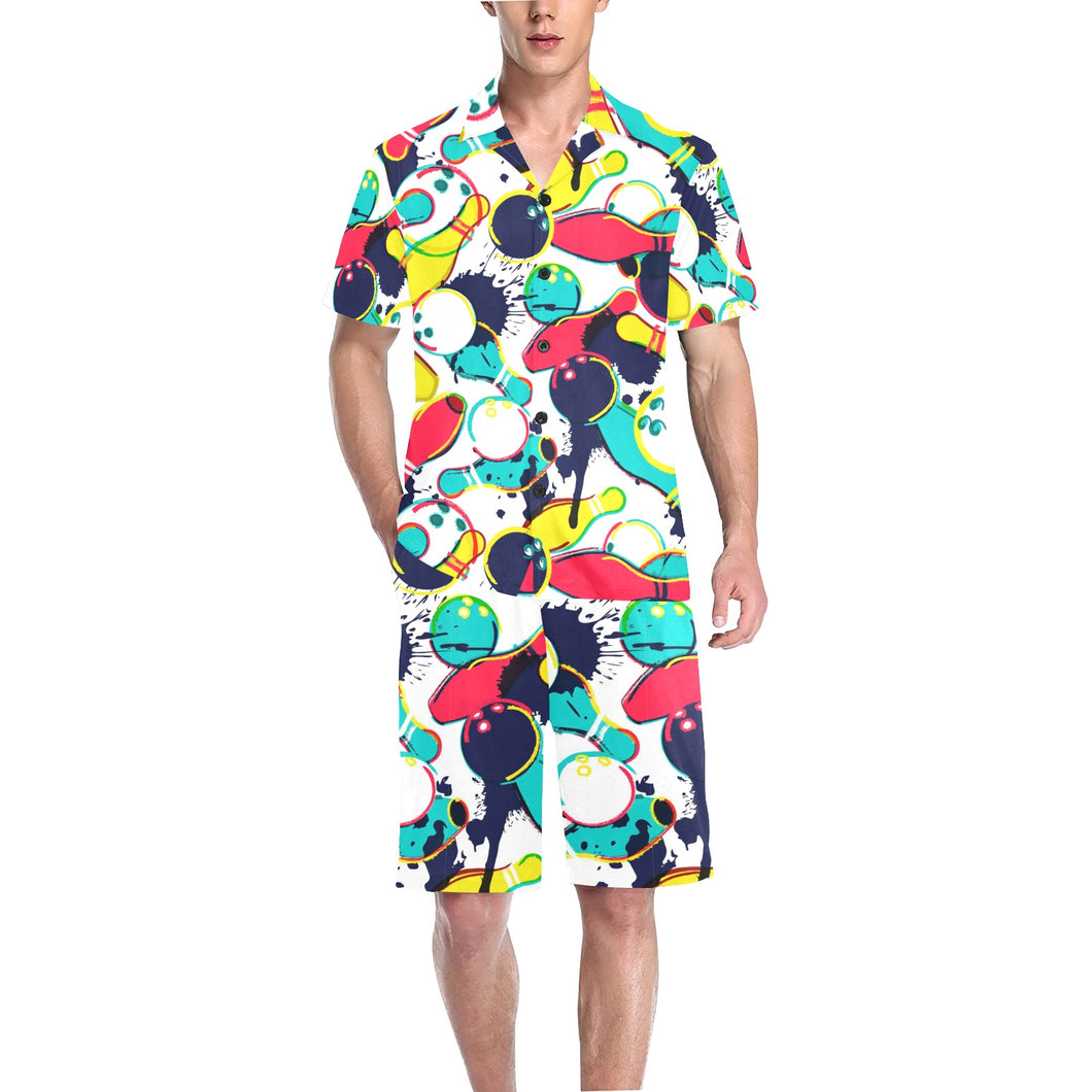 watercolor bowling ball pins Men's V-Neck Short Pajama Set