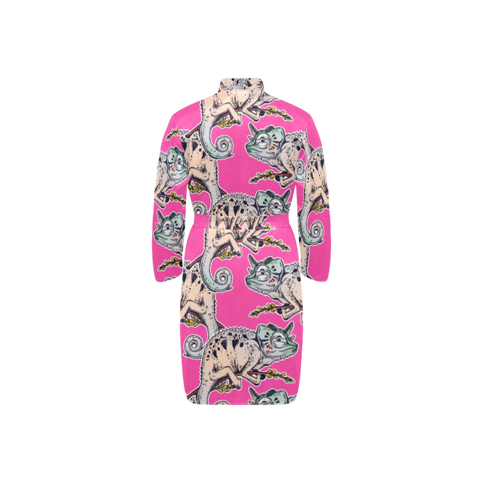 Chameleon lizard pattern pink background Men's Long Sleeve Belted Night Robe