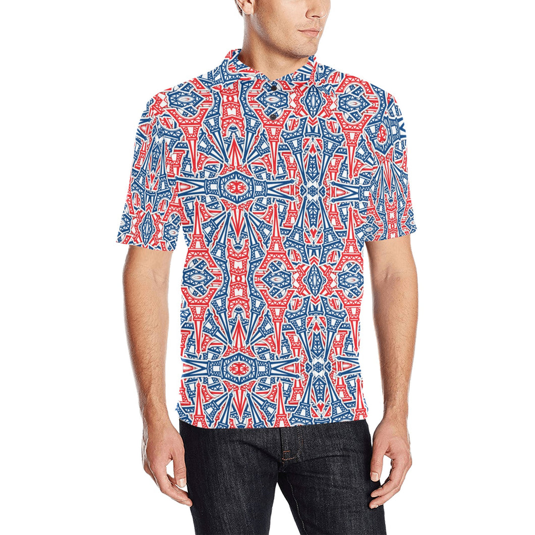 Blue Red Eiffel Tower Pattern Print Design 02 Men's All Over Print Polo Shirt