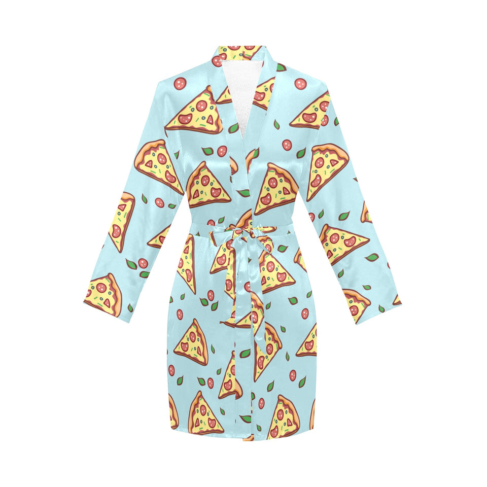Hand drawn pizza blue background Women's Long Sleeve Belted Night Robe
