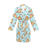 Hand drawn pizza blue background Women's Long Sleeve Belted Night Robe