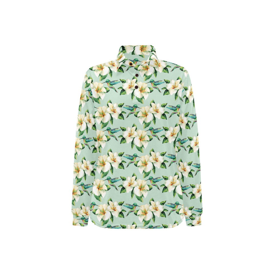 Hummingbird Pattern Print Design 01 Women's Long Sleeve Polo Shirt
