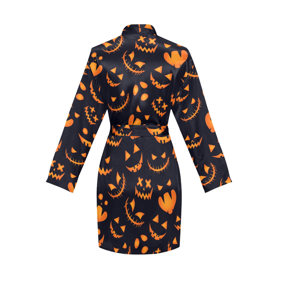Halloween pattern Pumpkin background Women's Long Sleeve Belted Night Robe