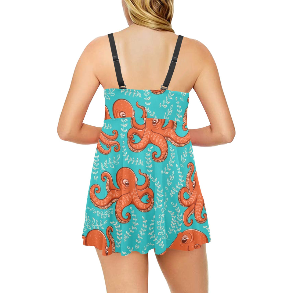 Octopus turquoise background Chest Sexy Pleated Two Piece Swim Dress